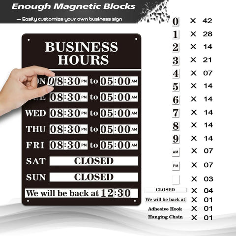 Magnetic Changeable Business Hours Sign For Storefronts with magnetic blocks being arranged, 11.8 x 7.9 inches, black finish