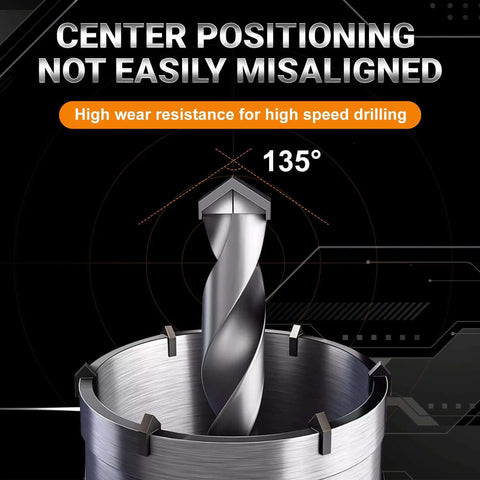 DEHUIWI masonry hole saw kit: 4-inch metal hole saw with large silver twist drill bit, center alignment graphic