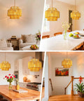 Hand Woven Rattan Plug In Hanging Light For Living Room Bedroom Kitchen Ceiling Pendant Fixture Featuring Cool Boho Glam, in various settings.