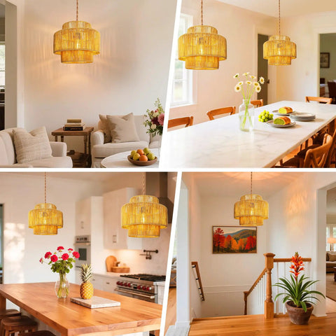 Hand Woven Rattan Plug In Hanging Light For Living Room Bedroom Kitchen Ceiling Pendant Fixture Featuring Cool Boho Glam, in various settings.