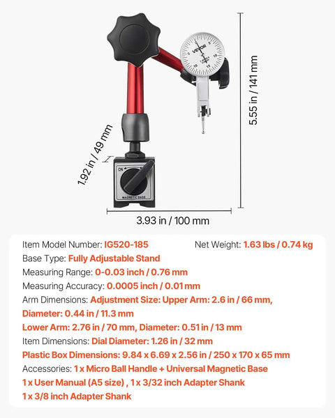 Dial Test Indicator With Universal Magnetic Base And Storage Case 0.0005 Inch Accuracy 0 To 0.03 Inch Travel Micro Ball Handle