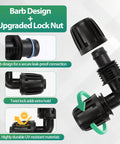 14 Pack One Half Inch Drip Tubing Elbow Fittings With Barbed Lock Nuts For Garden Irrigation Systems One Half Inch ID By Sixteen Millimeter OD 90 Degree Elbows No Brainer Install Anti Drop Connectors For Lawn displaying barb design and lock nut detail.