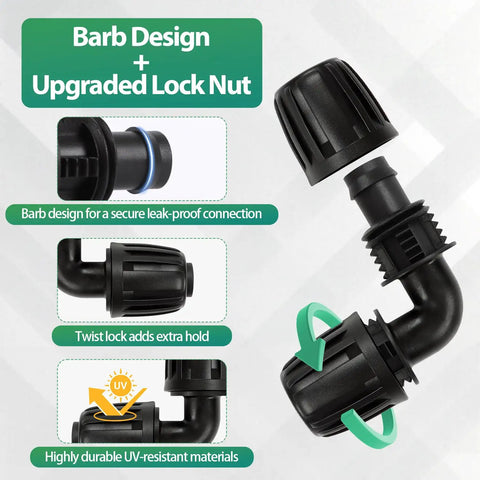 14 Pack One Half Inch Drip Tubing Elbow Fittings With Barbed Lock Nuts For Garden Irrigation Systems One Half Inch ID By Sixteen Millimeter OD 90 Degree Elbows No Brainer Install Anti Drop Connectors For Lawn displaying barb design and lock nut detail.