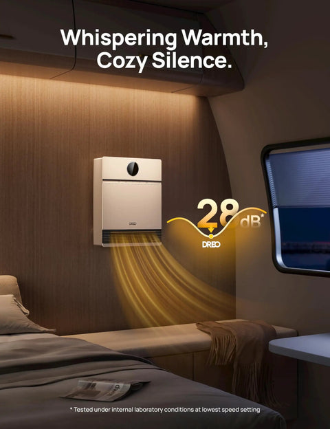 Smart Wall Heater With Alexa mounted on bedroom wall, showing quiet operation at 28 dB, providing warmth with 30 degree oscillation.