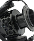 Close-up of Ultra Lightweight Spinning Fishing Reel With 12 Plus 1 Ball Bearings, carved aluminum spool, anti-reverse.