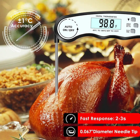 Digital Instant Read Meat Thermometer With 4.6 Inch Folding Probe, Ultra Fast 2 to 4 Sec Read Time, inserted in cooked turkey