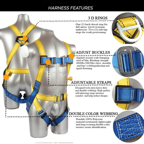 Fall Protection Safety Harness With Internal Shock Absorbing Lanyard And Hook, OSHA And ANSI Certified, showing features.