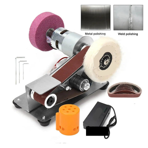 Mini Belt Sander And Grinder Machine Sharpener with metal and wool polishing wheels for DIY tool maintenance.