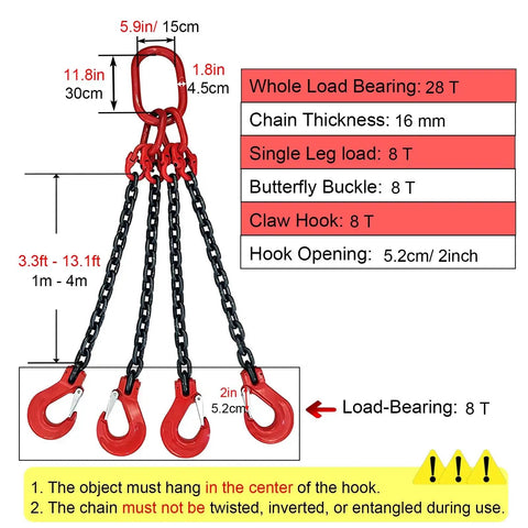 Tough As Nails Four Directional Lifting Chains With Sure Grip Grab Hooks, dimensions and weight capacities displayed.