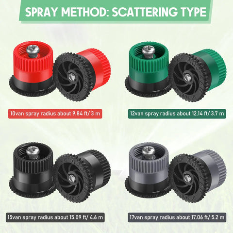 16 Pack Adjustable Arc Sprinkler Nozzles Easy Install High Efficiency Replacement Pop Up Heads For Rain Bird Hunter Orbit Sprinklers 0 To 360 Degree Pattern And 10 12 15 17 Ft Radius Fits Red Green Black Gray, displayed in different colors with size labels.
