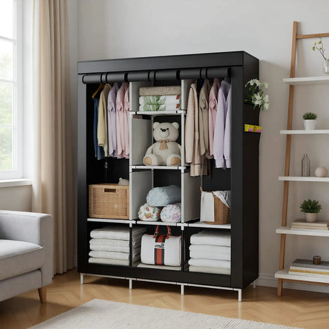 Dope Space Saver Portable Wardrobe Closet Organizer with hanging clothes and shelves in living room