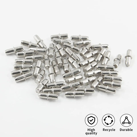 Slick Nickel Plated Iron Shelf Pins For Kitchen Cabinets and 50 Pack of 5mm Heavy Duty Drawer Supports with shiny durable metal finish.
