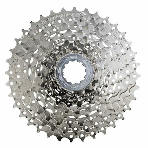 9-Speed Mountain Bike Cassette CS-HG400-9 for E-MTB and Trail Riding, silver nickel-plated finish with drilled cogs and lockring.