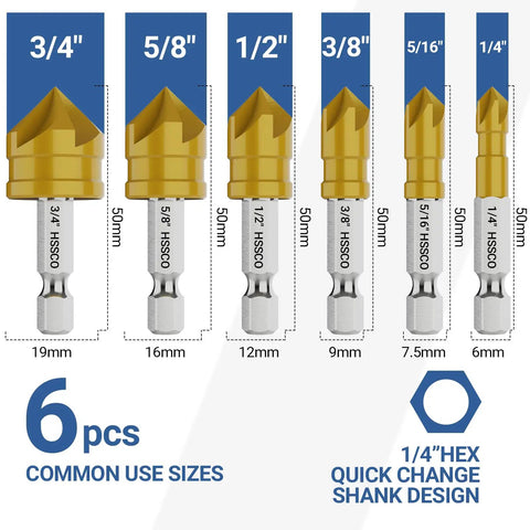 Image of a Six Piece Countersink Drill Bit Set With M35 Cobalt HSS, featuring 1/4 inch quick change hex shank in various sizes for metal, wood, stainless and carbon steel.