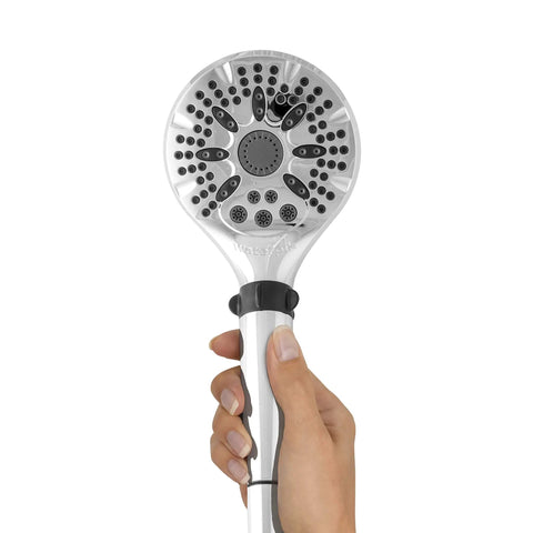 Hand holding Five Spray Modes Handheld Shower Head With Five Foot Hose Chrome Finish Easy DIY Install Adjustable Bracket