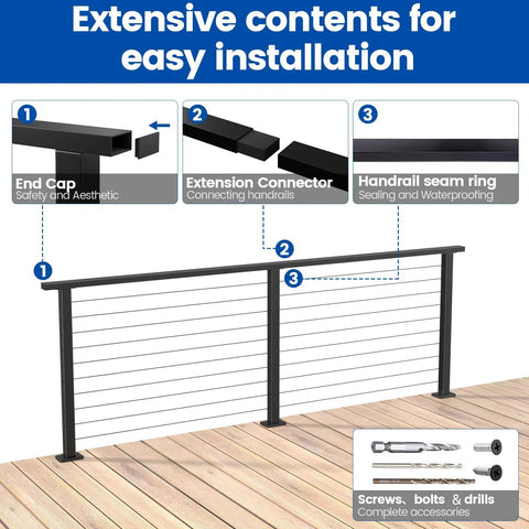 Diagram of 4 Ft Black Cable Railing Handrail With Rectangular Stainless Steel Profile For Indoor And Outdoor Deck And Stair Railing System Weldless Design Adjustable Length Low Maintenance Easy To Clean Includes User Guide showing components and installation.