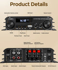 Beefy 2.1 Channel Home Audio Amplifier With Bluetooth 5.0 USB And AUX Remote Bass Treble And Sub Control 300W Per Channel And 360W Sub, showing front and back panel inputs and controls.