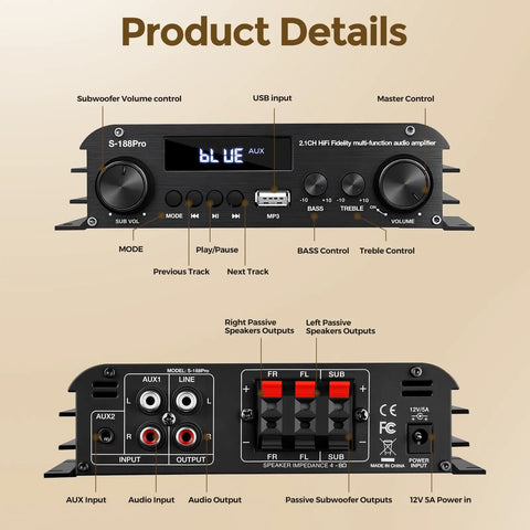 Beefy 2.1 Channel Home Audio Amplifier With Bluetooth 5.0 USB And AUX Remote Bass Treble And Sub Control 300W Per Channel And 360W Sub, showing front and back panel inputs and controls.
