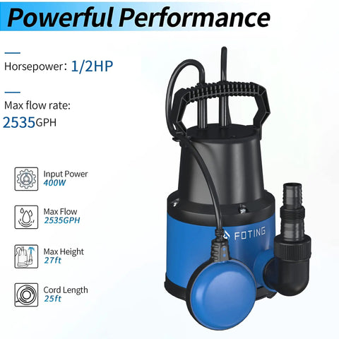 Half HP Submersible Sump Pump With Float Switch 2535 GPH Water Pump featuring blue body and float switch attachment
