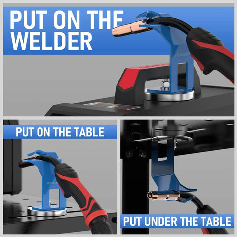 Magnetic Mig Welding Torch Holder Stand With Strong Magnetic Base, blue finish, holding Mig torch on welder and table setups.