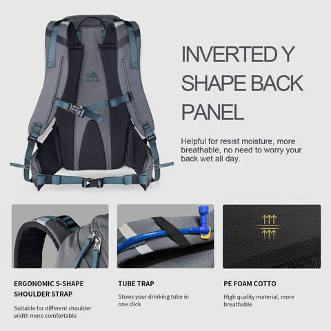 Back view of All Day Ski Hydration Backpack 30L For Snowboard Touring With inverted Y shape back panel and S-shape straps.