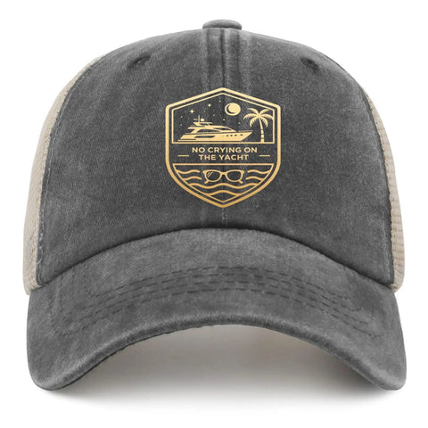 Womens No Crying On The Yacht Humor Trucker Hat With Ventilated Mesh Low Profile Cap, breathable and sweat wicking for fun style