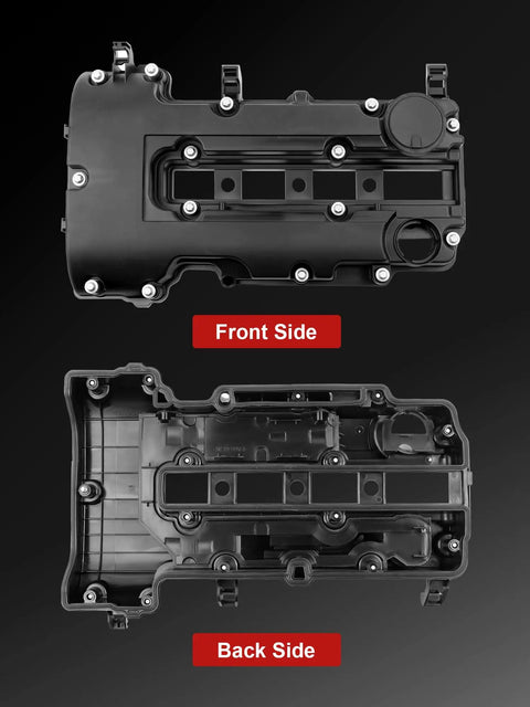 Front and back view of Engine Valve Cover For L4 1.4L 2013 2021 Encore 2011 2015 Cruze 2012 2020 Sonic 2015 2021 Trax 2011 2015 Volt With Oil Filler Cap Gasket And Bolts OEM Style 264968 Replacement.