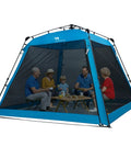Instant Pop Up Screen House Gazebo 8.2 By 8.2 By 75 Inches Portable Canopy in blue with people enjoying a meal inside