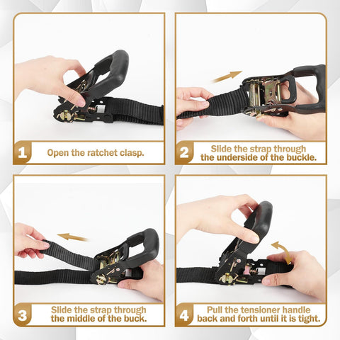 Instructions for using Beefy Heavy Duty Ratchet Straps 1.6 Inch Wide By 16 Ft Long with S Hooks and Soft Loops demonstrated in four steps.