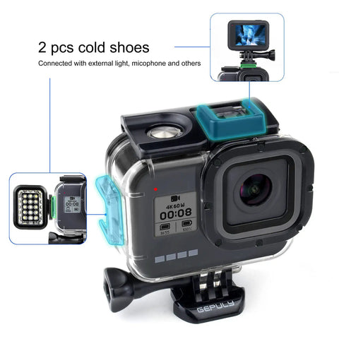 Waterproof Housing For Hero 8 Black With 4 Pack Dive Filters Red Light Red Magenta And Close Up Filters 60m Underwater Depth Rating Rugged Case shown with dual cold shoe slots