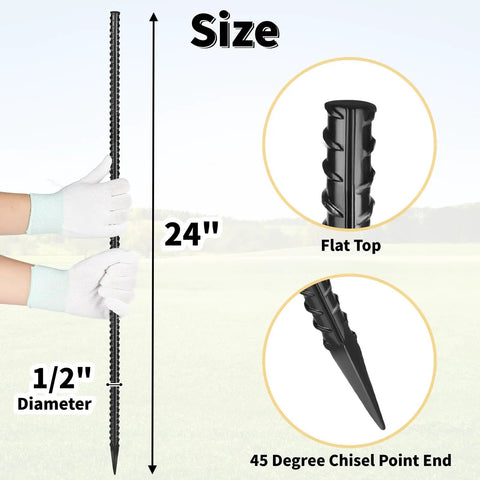 Twenty Pack Of 24 Inch Straight Rebar Stakes With One Half Inch Diameter Steel For Heavy Duty Ground Anchors In Landscaping Concrete Forms Camping Or Trapping Chisel Point End For Easy Insertion, showing size and design features with chisel point end.