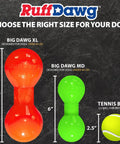 Big Dawg Barbell XL Heavy Duty Solid Rubber Dog Chew Toy For Medium To Large Dogs 40 Lbs And Up shown with size comparison