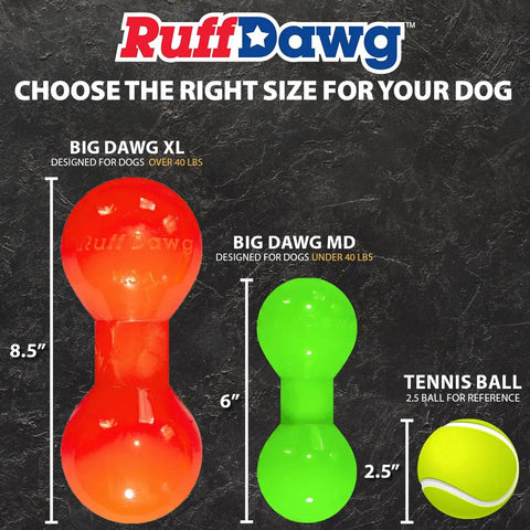 Big Dawg Barbell XL Heavy Duty Solid Rubber Dog Chew Toy For Medium To Large Dogs 40 Lbs And Up shown with size comparison