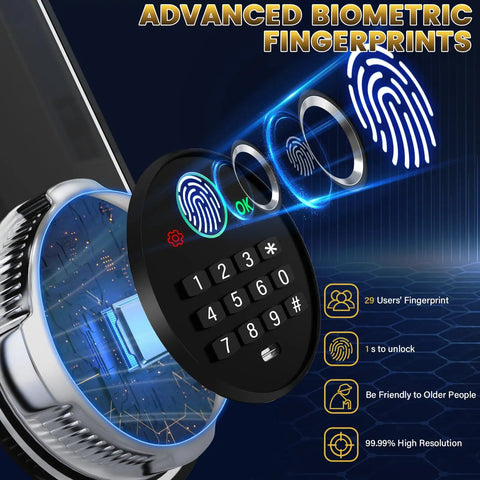 Close-up of biometric fingerprint scanner and keypad on the Huge Fireproof Biometric Safe For Home Office With Fingerprint And Keypad Lock.