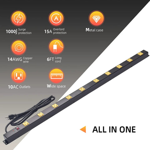Beefy 10 Outlet Long Power Strip With 1000 Joule Surge Protector Heavy Duty Metal Case Six Foot Cord Wall Mountable For Workbench Shop And Garage Black Great For Pros displayed horizontally with icons indicating features such as 1000J surge protection, metal case, and 6-foot cord.