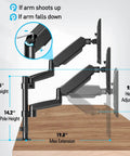 Heavy Duty Dual Monitor Desk Mount For 17 To 32 Inch Screens Featuring Gas Spring Height Adjustment with height details.