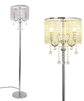 Chrome Finish Modern Floor Lamp With Crystal Ball Shades 2 Light Reading Lamp illuminated showing crystal string accents