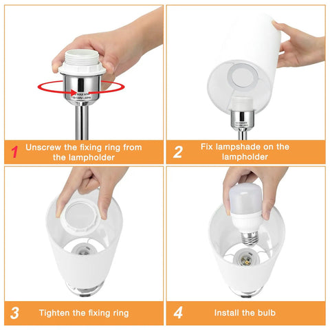 Installation steps for Set Of 2 Touch Lamps For Bedrooms With 3 Way Dimming. Unscrew, attach lampshade, tighten ring, and install bulb.