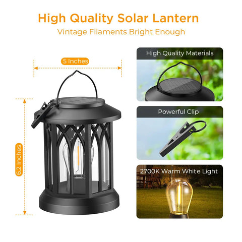 Outdoor Solar Lanterns Waterproof Hanging Lights For Backyard showing details of size, high quality material, and 2700K warm light.