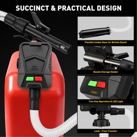 Portable Cordless Fuel Transfer Pump With Auto Stop Sensor For Gasoline And Kerosene. Smart Automatic Shutoff Prevents Spills And Overflow During Safe Tank Filling Or Engine Refueling Tasks Around Home Or Job Site
