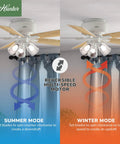 Dual mode 52 Inch Indoor Ceiling Fan With LED Lights And Pull Chain, Low Profile Flush Mount White Ceiling Fan, showing summer and winter settings