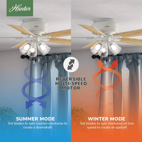 Dual mode 52 Inch Indoor Ceiling Fan With LED Lights And Pull Chain, Low Profile Flush Mount White Ceiling Fan, showing summer and winter settings