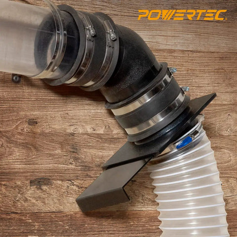 4 Inch 45 Degree Dust Collector Elbow Fitting, ABS Plastic Connector For 4 Inch Dust Collection Hose, installed on wooden wall