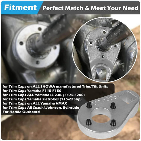 Beefed Up Heavy Duty Trim Tilt Pin Wrench 32mm By 4.5 And 4mm shown installed on outboard hydraulic cylinder for Yamaha, Suzuki engines.