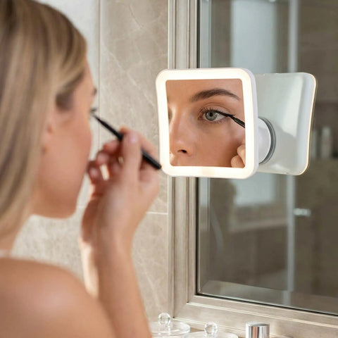 Woman applying eyeliner using 10X Magnifying Lighted Makeup Mirror With Natural Daylight LEDs Portable Cordless Vanity Mirror 6.5 Inch Square
