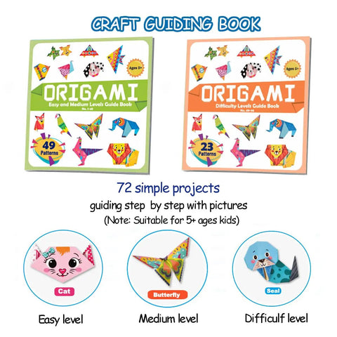 Origami Kit For Kids Ages Five To Twelve With 152 Papers And 72 Patterns Guiding Book showing easy, medium, and difficult levels.