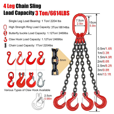 Four Strand Heavy Duty Lifting Chain Sling With Self Locking Hook Three Ton Capacity Engine Hoist Rig; red hooks and black chain for heavy lifting.