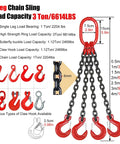 Super Tough Four Leg Chain Sling 3 Ton Capacity No Nonsense Self Locking Hooks for heavy lifting and rigging gear.