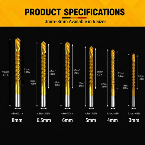 Slay Your Drilling Game With This 6-Piece Titanium HSS Bit Set Featuring Serrated Twist Design For Rapid Chip Removal And Split Point Precision On Metal And Wood Projects Perfect For Hand Tools. 3mm-8mm sizes