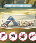 Ultra Lightweight Pop Up Mosquito Net Bed Tent, breathable soft mesh, person sleeping outdoors, showcasing 360° full protection